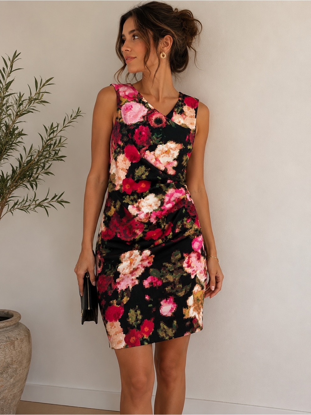 London Times Black Floral V-Neck Sheath Dress with Pink Accents